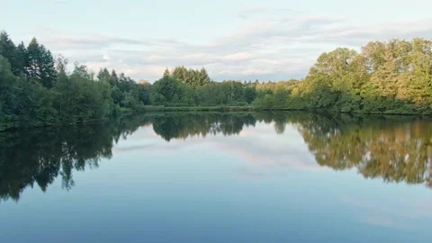 Flyover  lake surface with forest reflection in water sunset country Vosges Stock Footage 160671487