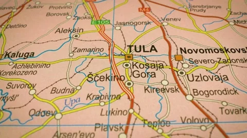 Flyover motion across map showing highway route connecting Oryol to Tula, Russia Stock Footage 343124720