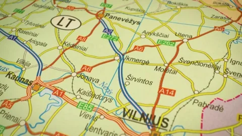 Flyover motion across map showing highway route connecting Panevezys to Vilnius Stock Footage 343124893