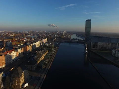 A flyover the river in Berlin at a summer day, Oberbaumbruecke, aerial. Stock Footage 80058596