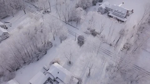 Flyover Of Snow Covered Neighborhood And Trees Stock Footage