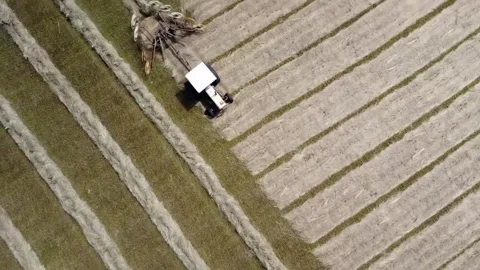 Flyover of tractor raking hay 動画素材 248645332