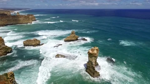 Flyover The Twelve Apostles, Limestone stacks at Great Ocean Road, Stock Footage 155259285