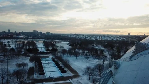 Flyover Unisphere Flushing Meadows Park NYC skyline Stock Footage 103822616