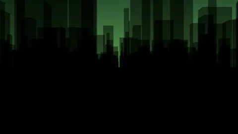 Flythrough a  dark Virtual City with a Background in Green Stock Footage 76927959