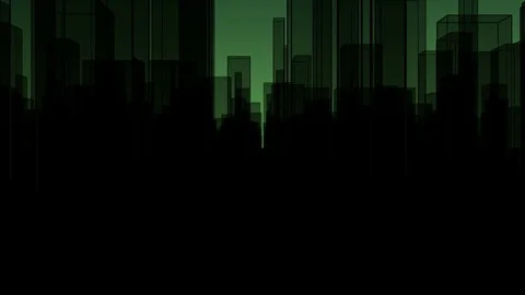Flythrough a  dark Virtual City with a Background in Green Stock Footage 76927980