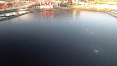 Flythrough over the pond in front of SoFi Stadium 2022 Superbowl LVI 56 Stock Footage 169918152