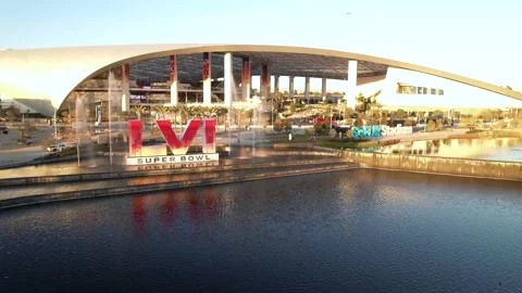 Flythrough over the pond in front of SoFi Stadium 2022 Superbowl LVI 56 Stock Footage 169918445
