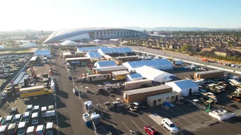 Flythrough over preparation area into SoFi Stadium 2022 Superbowl LVI 56 Stock Footage 169916784