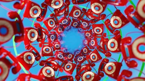 Flythrough Of Retro Mobile Phones Arranged In A Circular Ring Stock Illustration