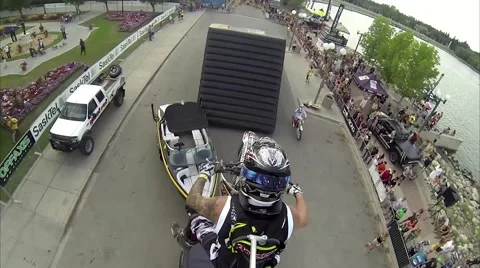 FMX jumps with Gopro backpack mount, 2 scenes Stock Footage 43489683