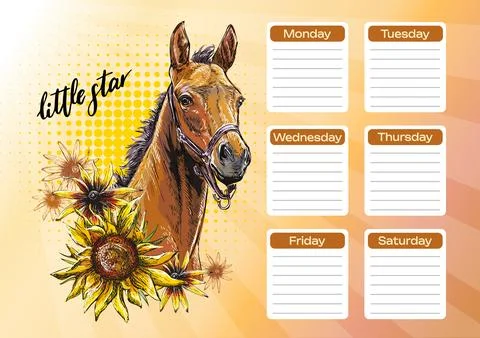 Foal and sunflowers printable school schedule vector Stock Illustration