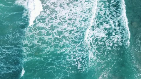 Foam on Atlantic Ocean deep blue water waves aerial top down view,Powerful storm Stock Footage 305425939