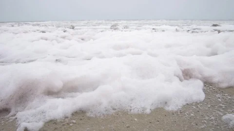 Foam blown by strong winds roaring at the shore of the dying Aral Sea Stock Footage 103472814