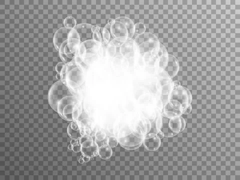 Foam bubble on transparent backdrop. Realistic shampoo suds. Liquid bath lather Stock-Illustration