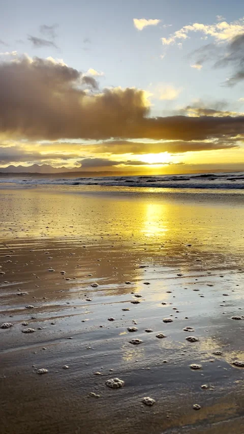 Foam bubbles drift back to ocean after backwash during scenic sunrise Stock Footage 344010525