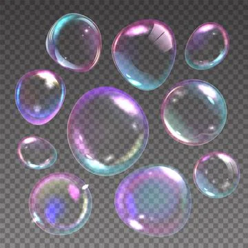 Foam bubbles. Realistic flying soap balls with rainbow reflections. 3D shampoo Stockillustratie