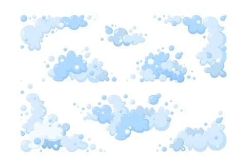 Foam made of soap or clouds. Big set of blue foam and bubbles of different Stock Illustration