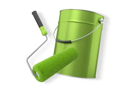 Foam paint roller with handle and shiny metal bucket, isolated on white Illustration