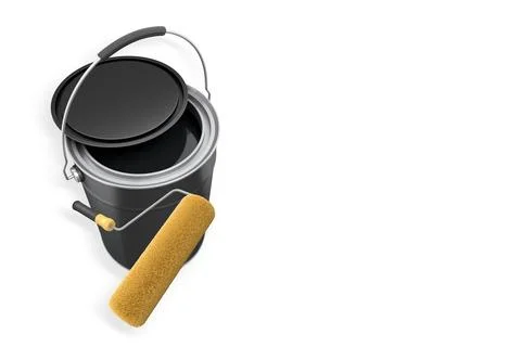 Foam paint roller with handle and shiny metal bucket on white background wi.. Illustration