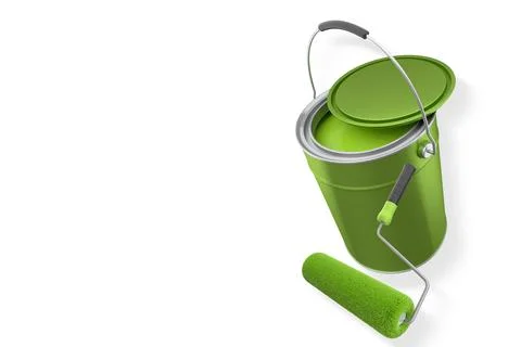 Foam paint roller with handle and shiny metal bucket on white background wi.. Illustration