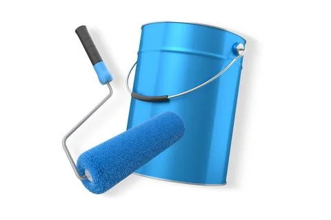 Foam paint roller with handle and shiny metal bucket, isolated on white bac.. Illustration