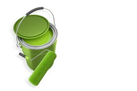 Foam paint roller with handle and shiny metal bucket on white background wi.. Illustration