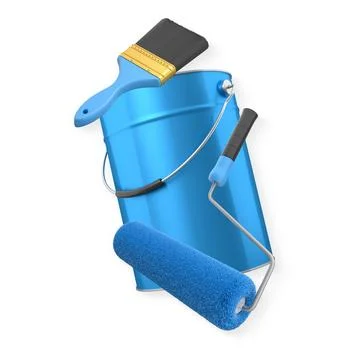 Foam paint roller with handle, brush and shiny metal bucket on white background Illustration