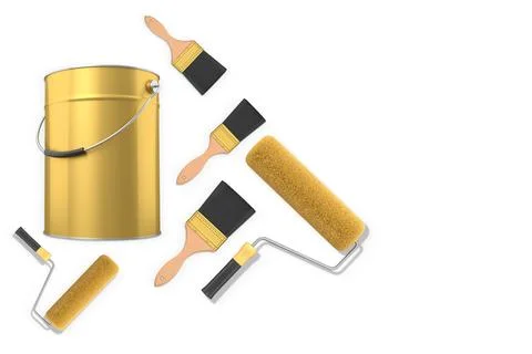 Foam paint roller with handle, brush and shiny metal bucket on white background Illustration