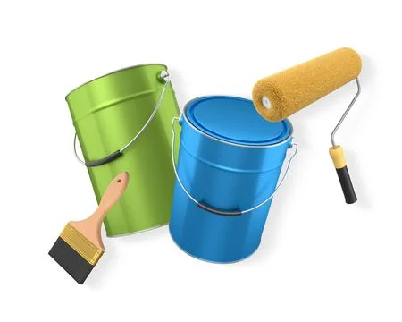 Foam paint roller with handle, brush and shiny metal bucket on white background Illustration