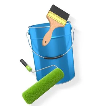 Foam paint roller with handle, brush and shiny metal bucket on white background Illustration