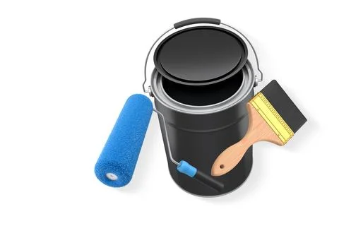 Foam paint roller with handle, brush and shiny metal bucket, isolated on whit Illustration