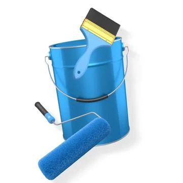 Foam paint roller with handle, brush and shiny metal bucket on white backgr.. Illustration