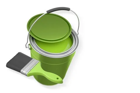 Foam paint roller with handle, brush and shiny metal bucket, isolated on whit Illustration