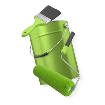 Foam paint roller with handle, brush and shiny metal bucket, isolated on whit Illustration