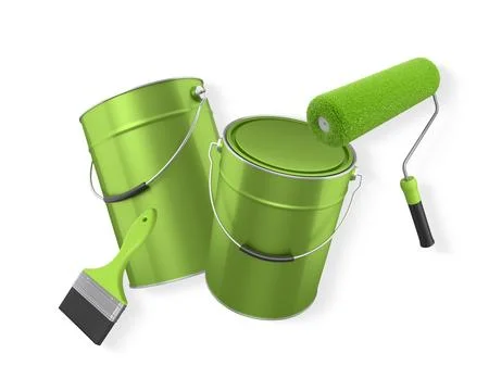 Foam paint roller with handle, brush and shiny metal bucket, isolated on whit Illustration