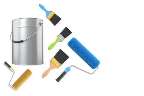 Foam paint roller with handle, brush and shiny metal bucket on white backgr.. Illustration