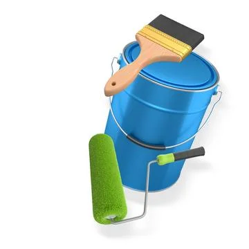 Foam paint roller with handle, brush and shiny metal bucket on white backgr.. Illustration