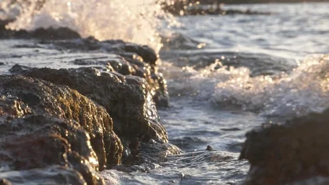 Foaming ocean waves crash dramatically against dark wet rocky shore. Stock Footage 337414221
