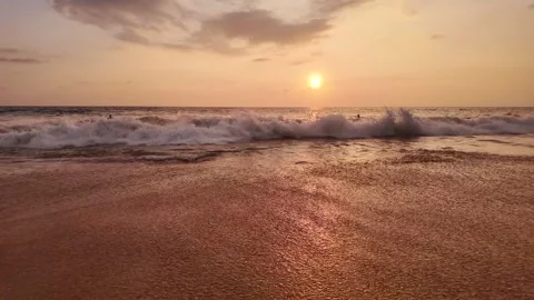 Foaming Ocean Waves Rolling Onto Hikkaduwa Sandy Shore At Golden Hour In Slow Mo Stock Footage 329224285