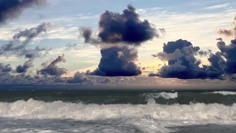 Foaming Ocean Waves Under Dark Storm Clouds at Twilight Stock-Footage 320095776