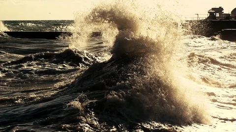 Foaming Waves Crashing On The Pier Slow Motion Stock-Footage 87269385