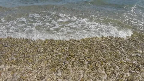 Foaming waves on the crystal clear shallow sea water on the pebble beach Stock Footage 317309056