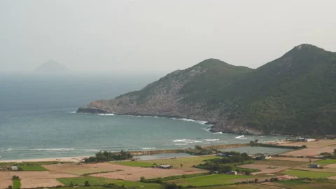 Foaming waves roll on coastline with forests and plantations in Vietnam Stock Footage 157247952