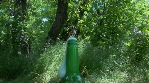 Foamy beer flows out of the neck of a bottle in slow motion Stock Footage 154589383