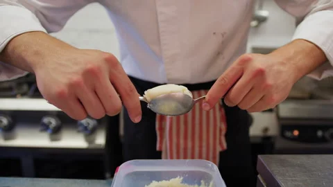 Foamy Cod Fish With Spoon On A Dish For Appetizer Food In Restaurant Stock Footage 284991117