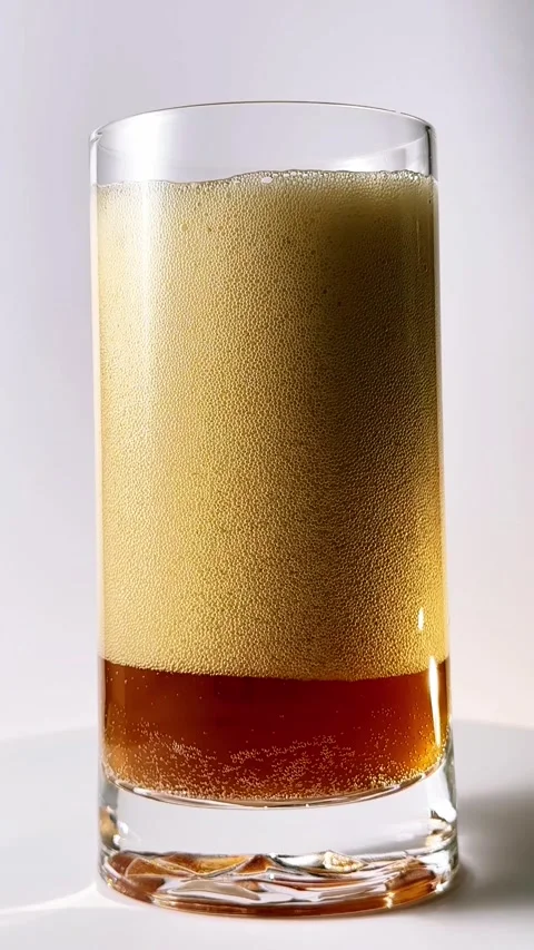 Foamy dark fermented drink pouring into tall glass on white studio backgrou.. Stock Footage 338403255