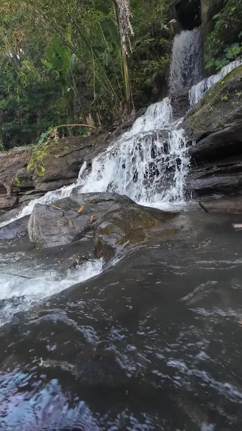 Foamy Mountain Stream Rushing Between Large Boulders in Vertical 4K Stock Footage 336748639