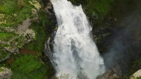 Foamy Stream Of Fervenza do Toxa Waterfalls. Aerial Drone Shot Stock Footage 258269638