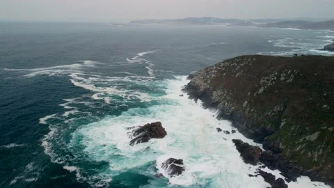 Foamy Tidal Waves Crashes Over Outcrops And Rocky Cliffs Near Caion Beach Stock Footage 236643285